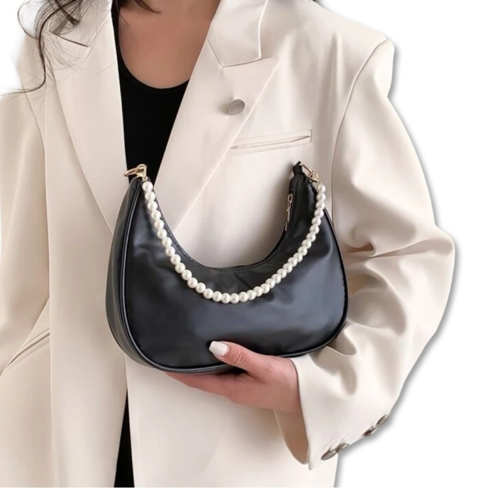 Black Faux Leather Shoulder Bag with Pearl Bader Strap | NWT - Picture 5 of 8